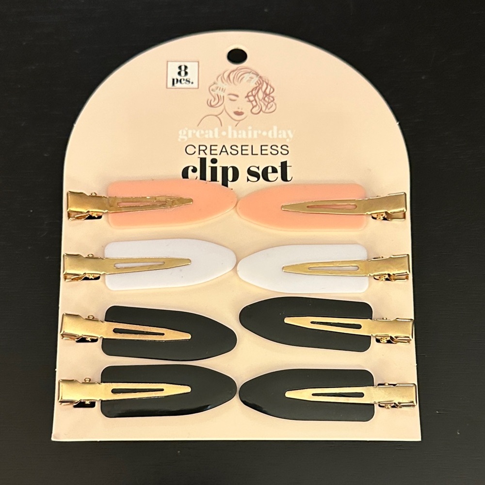 8 Creaseless Hair Clips Set - Pink, White & Black